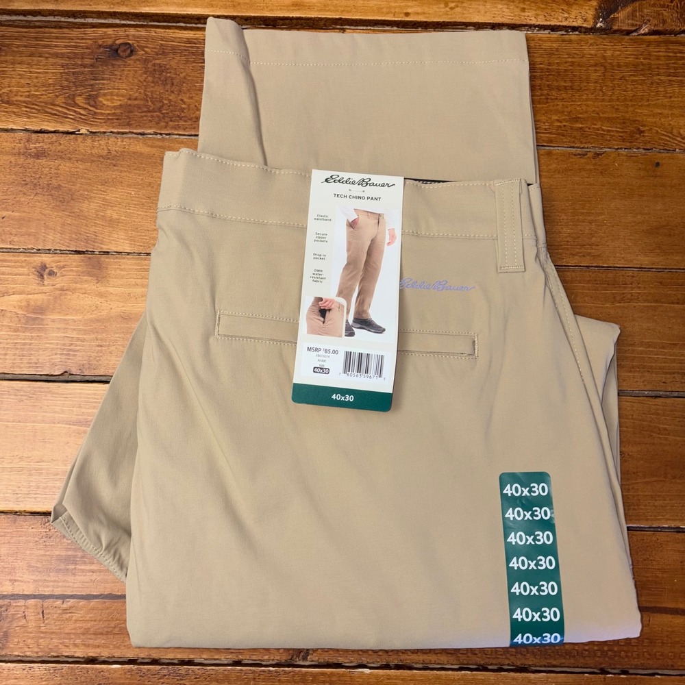 Eddie Bauer Tech Chino Pant Men 40x30 Khaki Water Resistant Camping EB013074 NEW